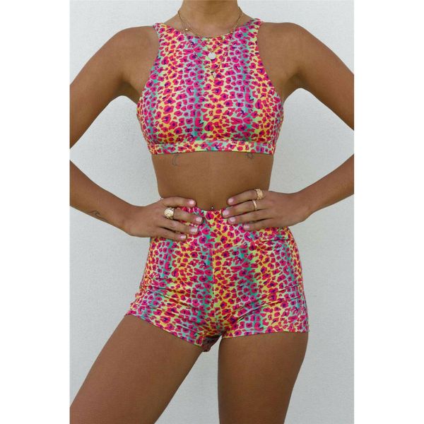 

2pcs womens color leopard yoga gym pants set shorts fitness sports wear workout yoga vest jogging sportwear, White;red