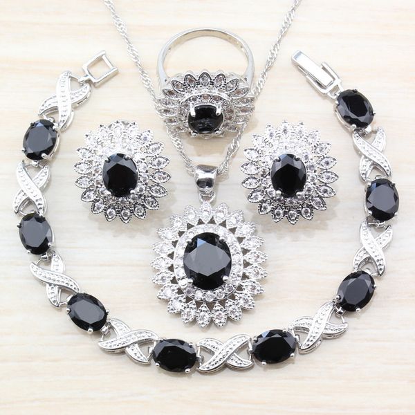 

mystic 925 sterling silver black zircon white crystal women costume jewelry sets hoop earrings/necklace&pendant/bracelet/ring, Slivery;golden