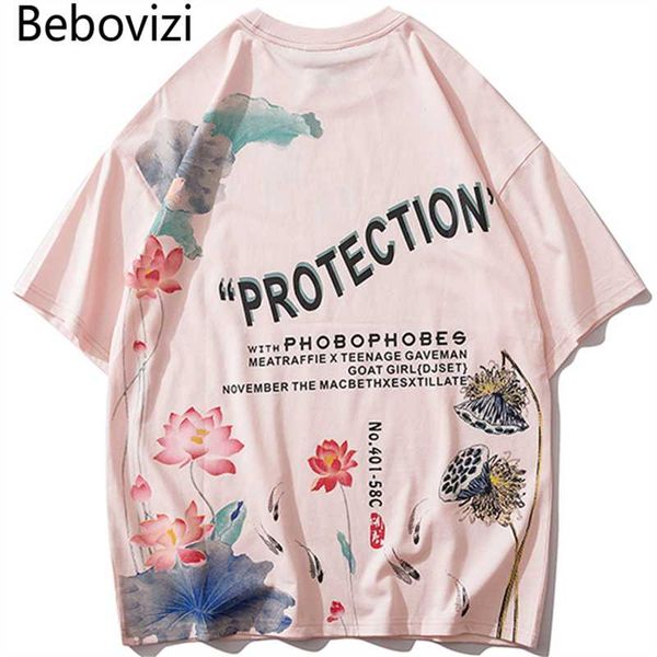 

bebovizi mens hip hop cotton tees chinese style t shirts lotus streetwear tshirt harajuku short sleeve t-shirt clothing, White;black