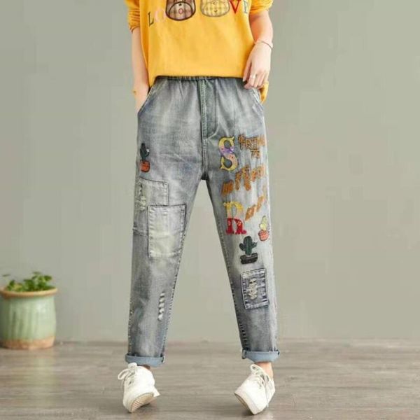 

2020 осень высокая талия джинсы женщина винтаж вышивка шаровары женщины эластичный пояс повседневная отверстие свободные джинсовые брюки w44, Blue