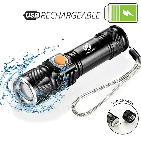 

powerful led flashlight with tail usb charging head zoomable waterproof torch portable light 3 lighting modes built-in battery