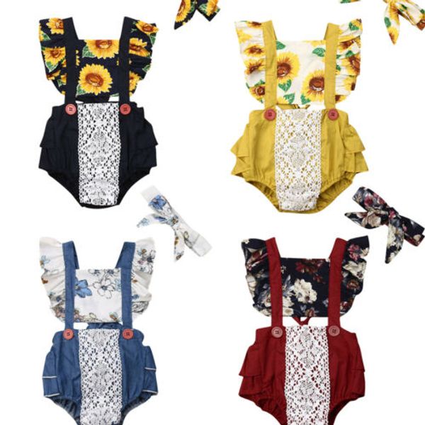 

newborn baby girls sunflower ruffle lace romper 2pcs sunsuit outfit set, Blue