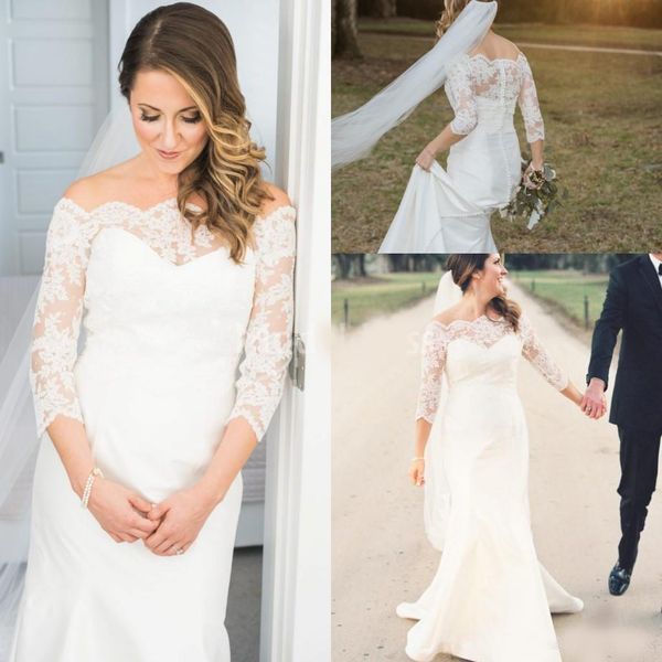 

gorgeous scalloped lace mermaid wedding dresses off shoulder country style sweep train beach bridal gowns illusion elegant robe de mariÃ©e, White