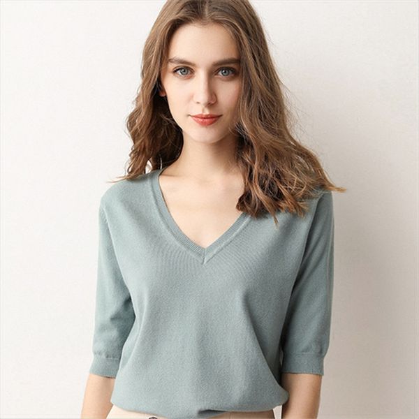 

summer short-sleeved western style knitted underpants shirt v-neck half-sleeve fashionable versatile loose base shirt t-shirt, White