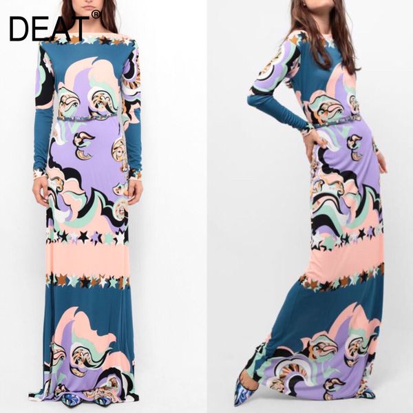

deat] 2020 bohemia knit high end dress women slash neck full sleeve hit print high waist elegant elastic silk new fashion am106, Black;gray