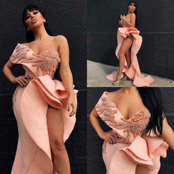 

blush pink arabic mermaid evening dresses thigh high slit pearls one shoulder prom party gowns tiered ruffles vestidos de gala, Black;red