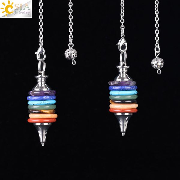 

7 color round hollow stone layer pendulum dowsing divination healing chakra chain yoga balancing reiki pendant jewelry, Silver