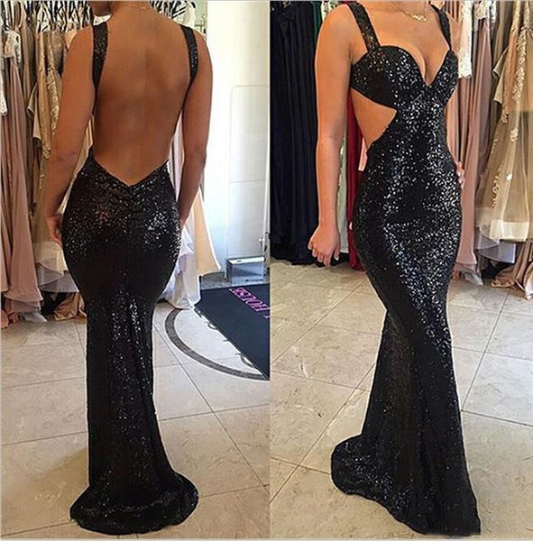 

mermaid prom dresses black sequined sweetheart neck spaghetti backless prom dresses long dress evening wear dresses custom made p083