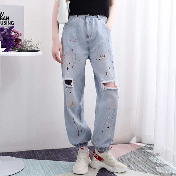 

yi burning dress] 181 europe and america wave-pants women's loose-fit beam leg harem pants trousers with holes painted lacquer, Blue