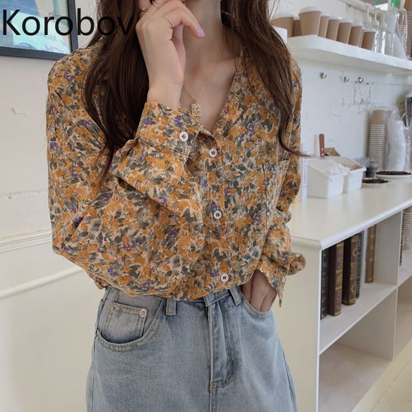 

korobov korean casual flower print women blouses vintage single breasted turn-down collar blusas mujer harajuku shirts, White