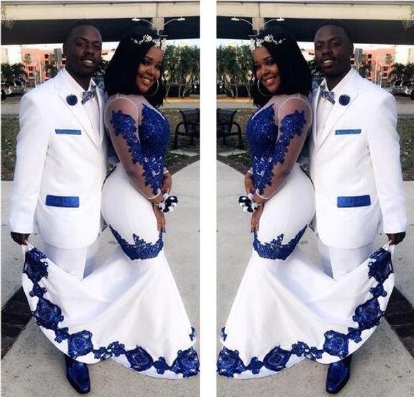 

new white satin royal blue lace aso ebi african prom dresses long illusion sleeves applique evening formal gowns pageant celebrity dress, Black