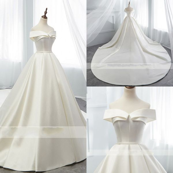 2019 fora do ombro vestidos de noiva império cintura simples fita de cetim lace-up capela trem vestidos de noiva vestido de noiva festa de casamento para a noiva