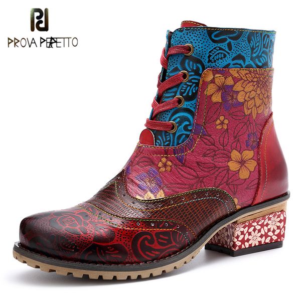 

prova perfetto women zipper ankle boots vintage chunky heel casual boots ethnic patchwork flowers printed shoes for lady, Black