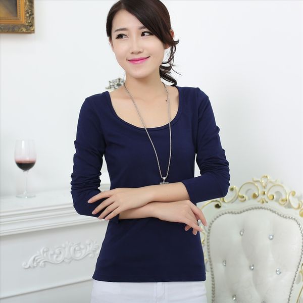 

2019 женщин жира мм тонкой большого размера базовой твердого цвет рубашки круглый воротник с длинными рукавами футболки женщин, White