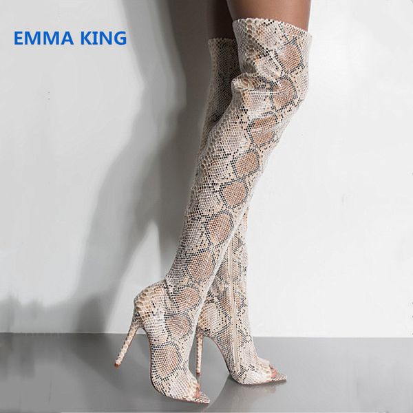 

spring autumn peep toe over the knee boots women snake prints stilettos fashion thigh high boots side zip high heels shoes, Black