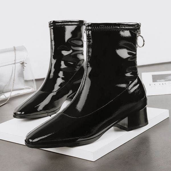 

patent leather square head smooth after the zipper boots casual winter shoes for women, thick with 3.5cm length of 16 cm, Black