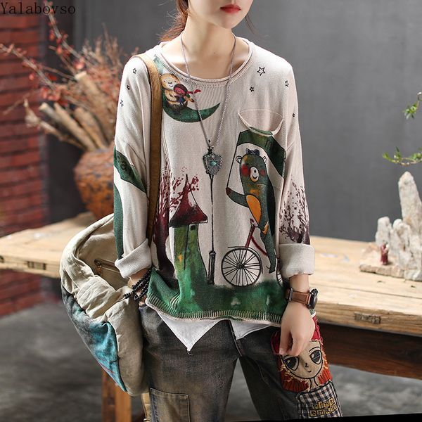 

2019 new cartoon printed knitted linen pullovers sweater women vintage loose o neck pullovers for women female a0bz4, White;black