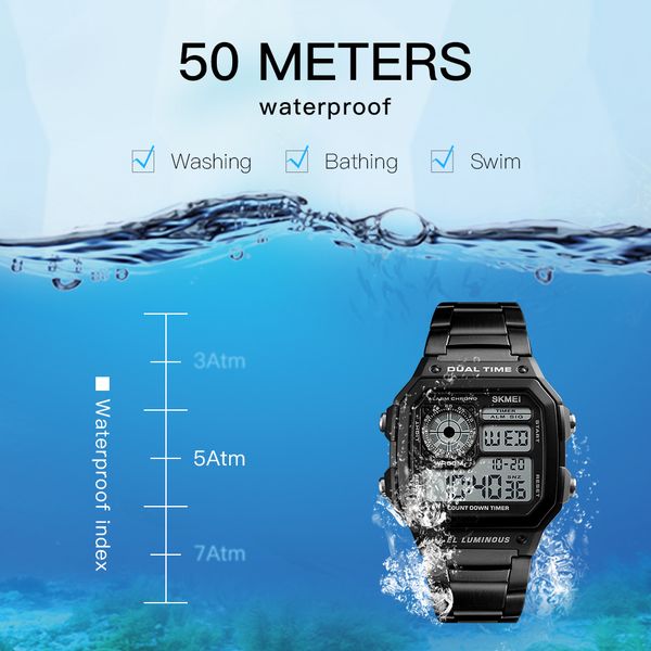 

skmei luxury fashion sport watch men 5bar waterproof watches stainless steel strap digital watch reloj hombre 1335, Slivery;brown