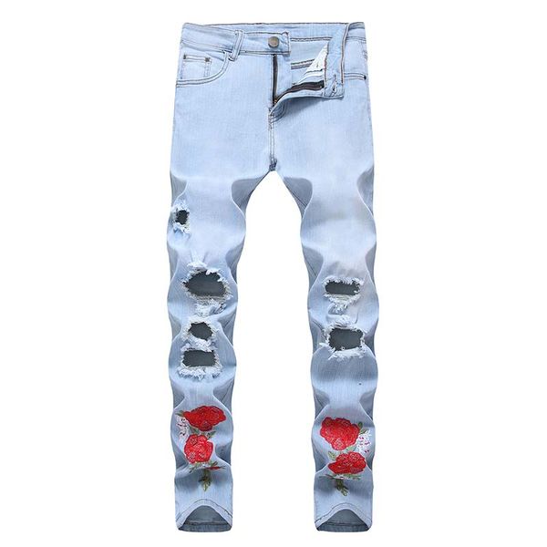

men slim jeans causal embroidery flower jeans bleached pants knees holes pants washed plus size 40 42, Blue