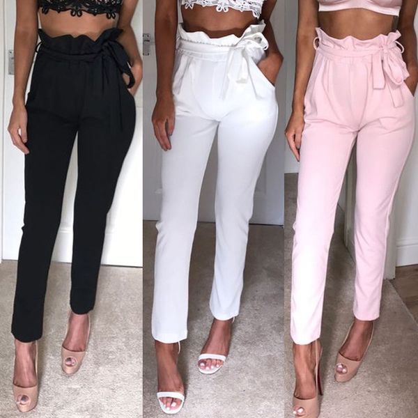 

black pink white elegant women casual high waist skinny pants with sashes pockets pencil trousers female solid bottom pants, Black;white