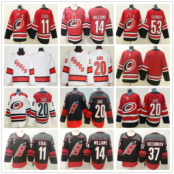 

2019-20 carolina hurricanes away white #20 sebastian aho 37 andrei svechnikov 53 jeff skinner 11 staal 14 justin williams hockey jerseys, Black;red