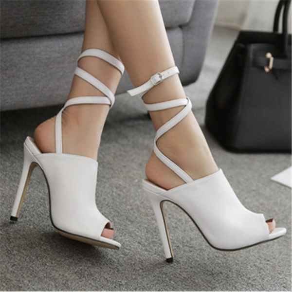 

summer women 11.5cm high heels dress stripper up toe sandals lady stiletto pumps female peep toe sandals shoes white black 35-40