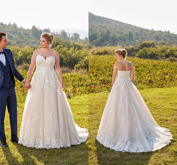 Plus neue Designer-Größe Country-Stil Spitzenkleider Schatz-Applikation bodenlangen elegantes Hochzeitskleid Brautkleid Vestidos