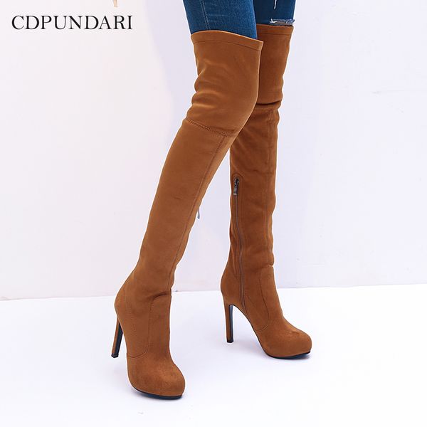 

cdpundari flock high heel over the knee boots women thigh high boots ladies platform winter shoes woman, Black