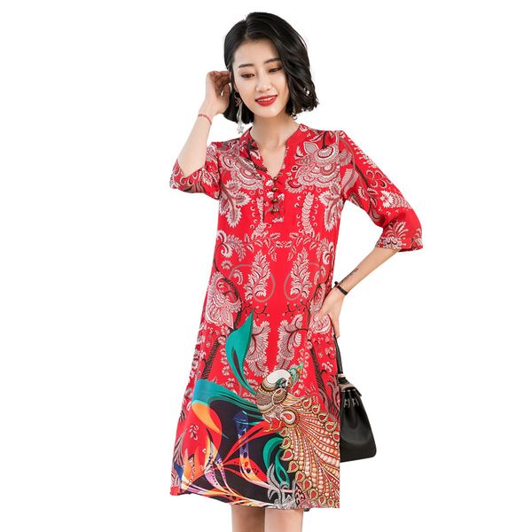 

summer spring silk chiffon print mini dress vintage elegant large size loose women dress ethnic vestidos, Black;gray