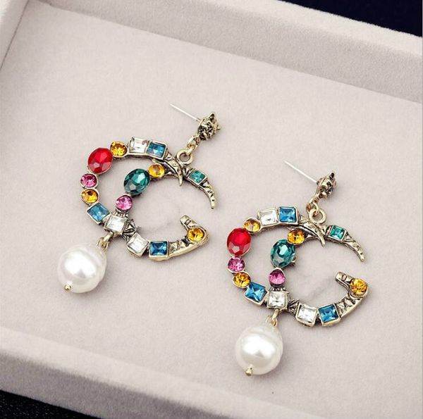 

2020 famous earrings with crystal pearl big long earrings jewelry for women red green white yellow colorful stone gift, Silver