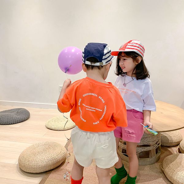 

children new summer 2020 korean letters short sleeves t shirt boys girls loose leisure, Blue