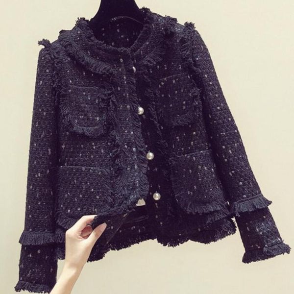 

tweed small fragrance blazer women autumn winter new fashion short ladies beaded tassel woolen suit jacket, White;black