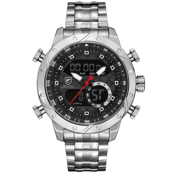 Snaggletooth Shark Sport Watch Lcd Auto Date Alarm Steel Band Chronograph Dual Time Men Relogio Quartz Digital Wristwatch /sh589 Y19052103