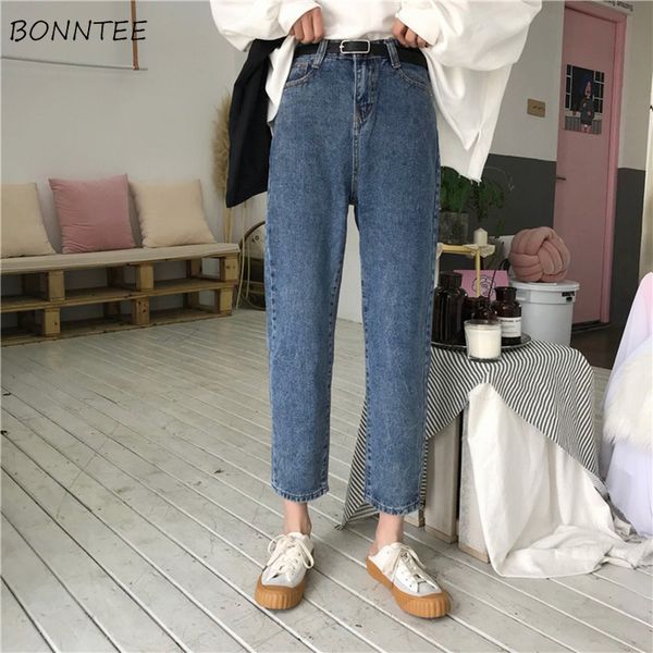 

jeans women loose retro high waist straight ankle-length womens jean korean style all-match zipper casual simple daily chic, Blue