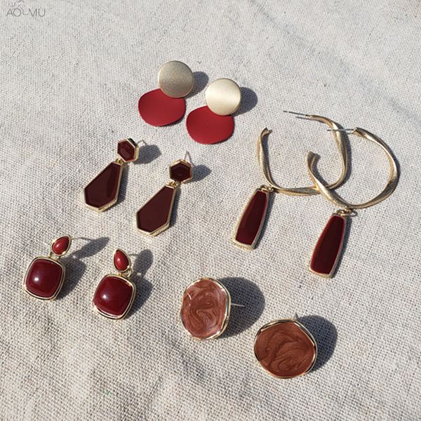 

aomu 2019 new red enamel acrylic matte metal geometric square hollow round circle waterdrop drop earrings for women girl party, Silver