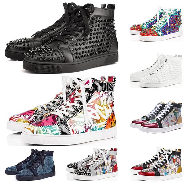 

new designer luxury red bottoms shoes studded spikes flat sneakers men women glitter party lovers genuine leather casual rivet sneaker 35-47, Black