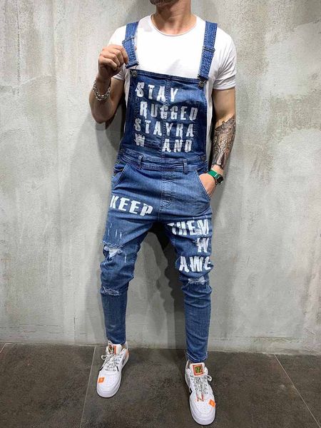 

men ripped denim jeans overalls letter printed jeans jumpsuit for male streetwear pants plus size s-xxl, Blue