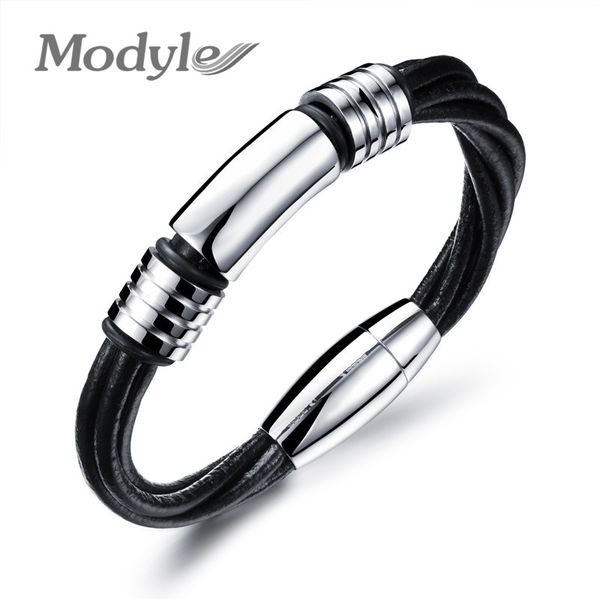 

modyle new arrival fashion men jewelry punk style twisted braided leather rope bracelet stainless steel magnetic clasp wristband, Black