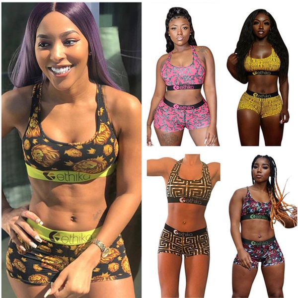 

summer women swimwear lion floral print two piece outfits sports push up bra vest + shorts swimsuit fashion tracksuit firls suit clothes 2xl, Blue