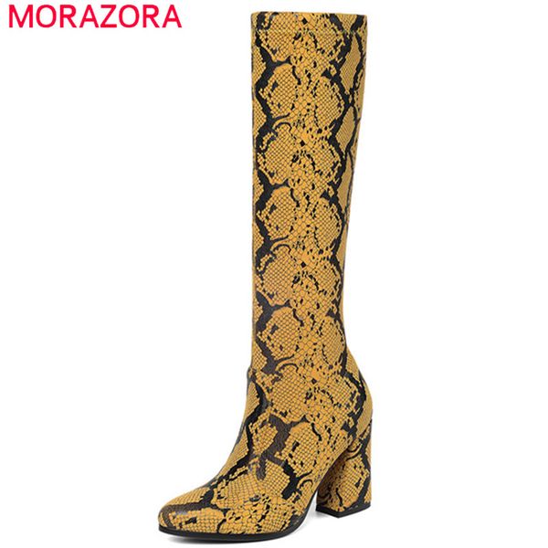 

morazora 2020 new arrival knee high boots women round toe high heels party prom shoes snake stretch boots female, Black