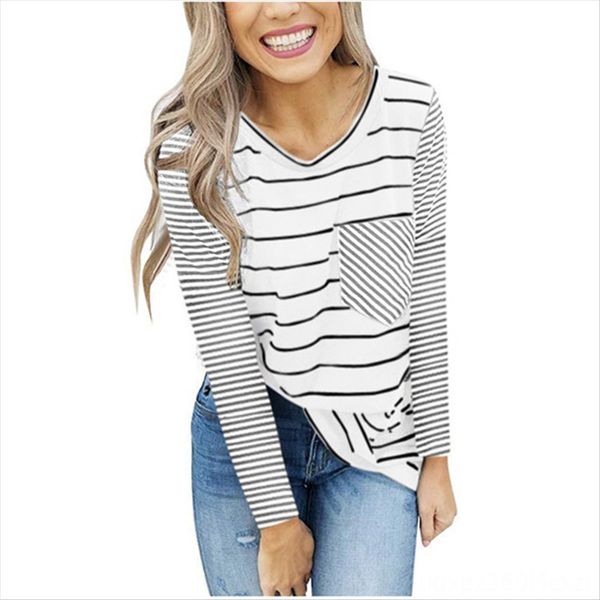 

2019 autumn long sleeve pocket stitching cotton 2019 autumn long sleeve striped pocket t-shirt stitching t-shirt cotton striped top, White