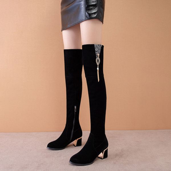 

2019 autumn and winter new over-the-knee boots women's skinny legs thick heels high heels plus velvet mid-length female boots, Black