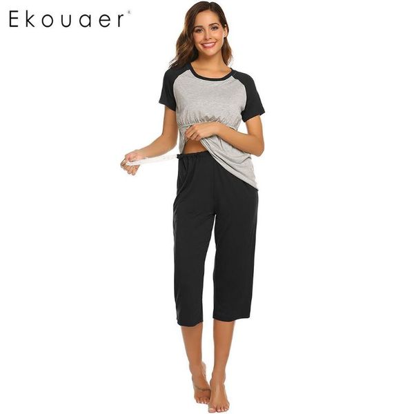 

ekouaer sleepwear women pajamas sets nightwear breastfeeding casual o-neck short sleeve t-shirts half pants pajama home suits, Blue;gray