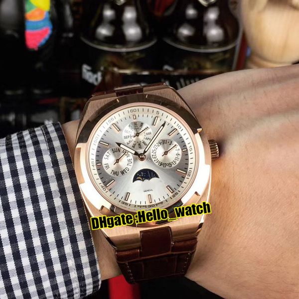

new overseas 4300v/000r-b064 automatic mens watch perpetual calendar white dial moon phase rose gold case brown leather strap sport watches, Slivery;brown