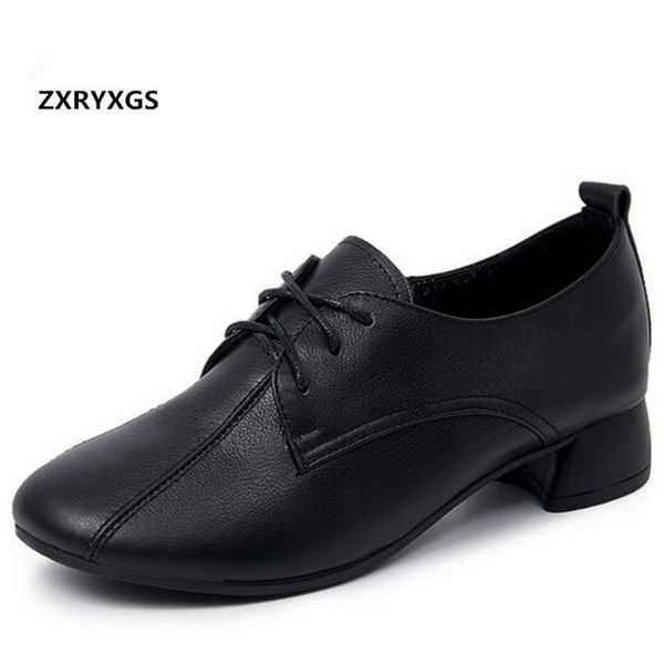 

zxryxgs soft cowhide spring shoes woman low heel shoes 2020 lace-up deep mouth women leather casual plus size, Black