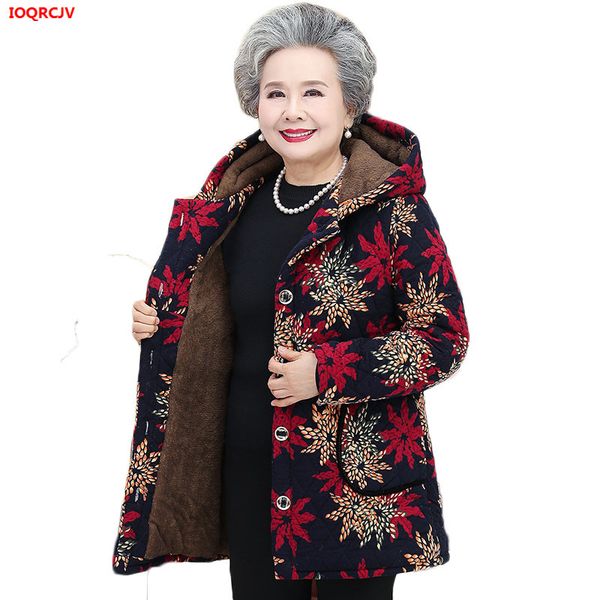 

middle-aged women down cotton jacket winter loose warm plus velvet cotton coat grandma parka plus size hooded outerwear 5xl 1666, Black
