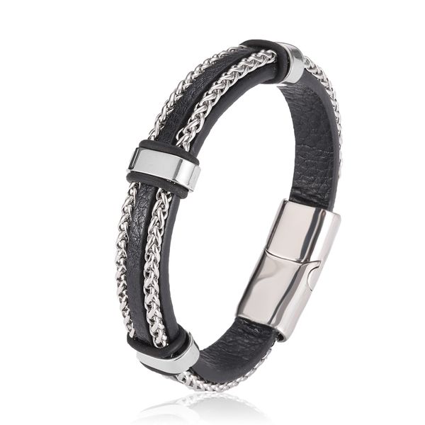 

punk stainless steel bracelet accessories with chain men leather woven multilayer fitness wristband silver bangle, Golden;silver