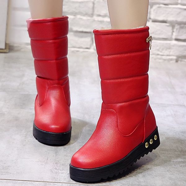 

waterproof leather snow boots women high platform warm plush mid calf boots woman fashion rivets slip on shoes, Black