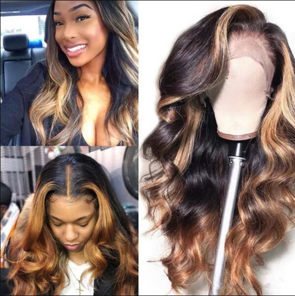 Two Tone Ombre Highlight Lace Front Wigs Loose Bouncy Wave 10a