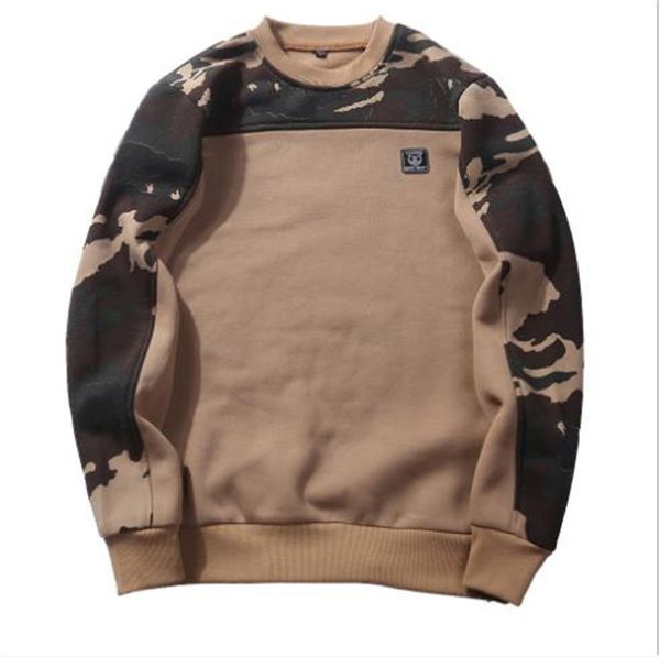 

camouflage panelled mens designer hoodies casual fleece street style loose long sleeved crew neck pullover sweatshirts fashion mens hoodies, Black